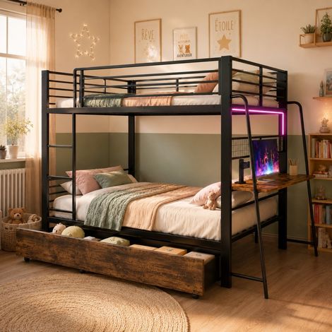 Lit Superposé 90x200 cm - Lit surélevé enfnat en métal et MDF avec bureau, LED, prises et 2 tiroirs - Noir (1/5)