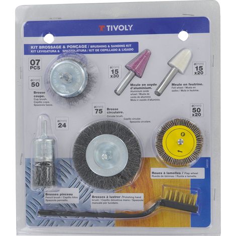 Tivoly • Set 7 Pezzi • Kit Spazzolatura e Levigatura • 4 Spazzole • 1 Ruota Lamellare Abrasiva • 2 Mole Smerigliatrici