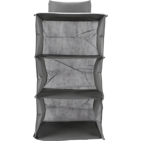 Organisateur de placard suspendu à plusieurs niveaux, grande capacité, étagères à fond rigide, anti-poussière, idéal pour les petites chambres, gris, trois compartiments. (1/5)