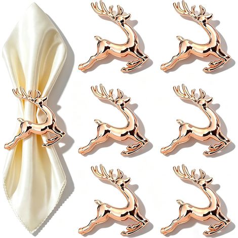 6 Pièces Anneau Serviette Renne, Anneau Serviette cerf, Rond Serviette fête, pour décoration de Table, Mariage, Noël, fête, dîner de soirée, Thanksgiving. (Or Rosé) (1/5)
