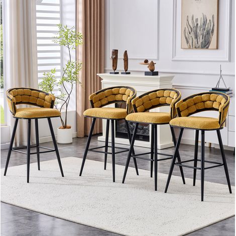 Tabouret de bar, en velours et métal, avec dossier tressé et repose-pieds, noir et jaune (1/5)