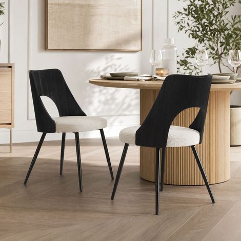 Lot de 2 chaises repas en tissu texturé beige + bois et métal noir (1/5)
