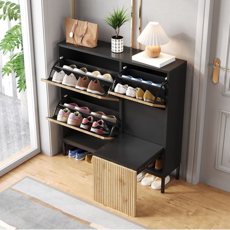 Mobile porta scarpe con panca, 3 ribalte, vano aperto, nero e legno HAVRYA (1/5)