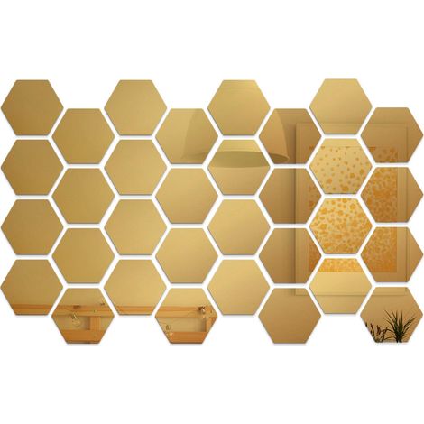 Lot de 32 autocollants muraux miroir hexagonaux en acrylique décoratifs amovibles stickers mur DIY déco maison chambre salle de bain salon