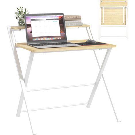 Mesa de estudio plegable con estante superior, estilo moderno para oficina o dormitorio, 81,5 x 70 x 84 cm, color natural y blanco. (1/5)