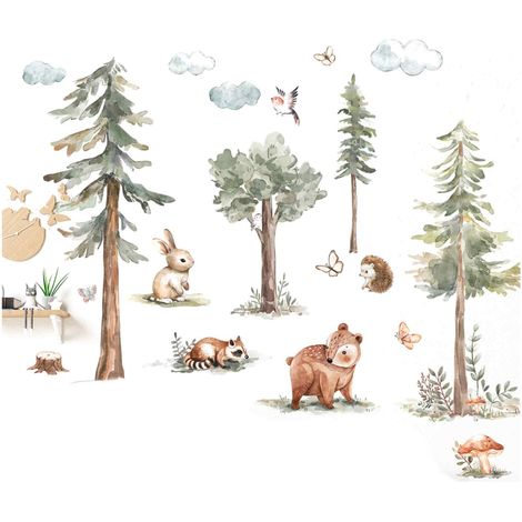 4 Pcs Autocollants muraux, animaux de forêt, PVC mat, décoration chambre enfant, salon (1/5)