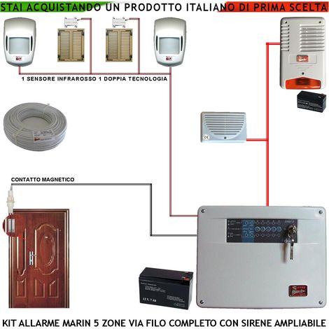 Antifurto Kit Impianto Marin Centrale 5 Zone 2 Sensori di Movimento 2 Contatti Magnetici 1 Contatto Magnetico Per Infissi Metallici Sirena Interna ed Esterna Lampegggiante 2 Chiavi Cavo 2+4 100 MT (1/4)