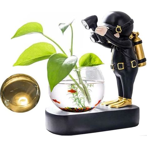 Vase en verre Astronaute - ZGEER - Hydroponique avec lampe LED - Noir - Transparent - 14,5 x 8 x 15,5 cm (1/4)