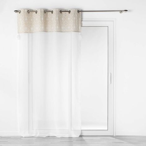 Voilage a oeillets 140 x 240 cm voile sablé + haut pompons Samira Blanc (1/4)