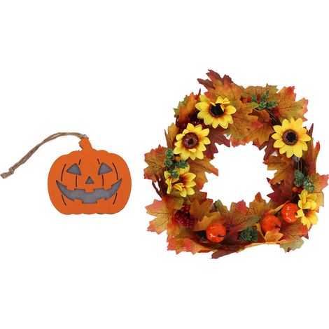 Couronne de citrouilles lumineuses et lanternes en forme de citrouille, ornée de fleurs d'automne pour Halloween (1/5)
