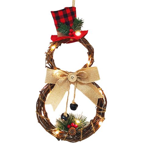 Guirlande De Porte Noël - Couronne En Rotin Et Tissu Avec Guirlande Lumineuse LED - Décoration Extérieure Intérieure - 1 Pièce (1/5)