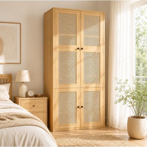 MODFU – Armoire 90x47x200 cm MDF/rotin – Penderie, 3 tiroirs et 4 compartiments – Portes rotin et 30/20 kg – Chambre – Chêne (1/5)