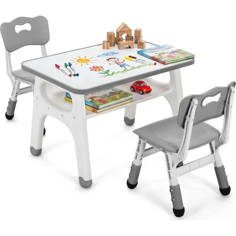 kindertisch mit 2 stuhlen höhenverstellbaren, Desktop 70x50 cm Grau Maltisch für Kinder mit bemalbarer Tischplatte & Stauraum, multifunktionaler Kinderspieltisch Kindersitzgruppe (1/5)