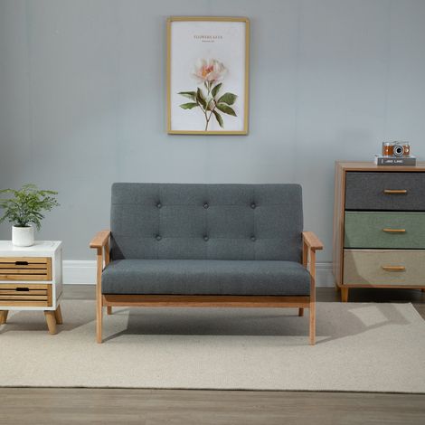 Canapé 2 places, 115 cm, avec accoudoirs et dossier, petit canapé capitonné aspect lin, pieds en bois, canapé lounge capitonné pour salon ou chambre, gris foncé (1/5)