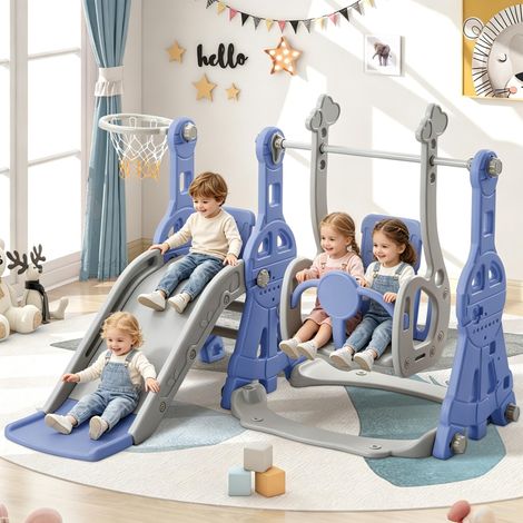 FOERPL-Scivolo per bambini 4 in 1, scivolo per neonati con canestro da basket, sedia a dondolo, altalena, scivolo per interni ed esterni per bambini piccoli