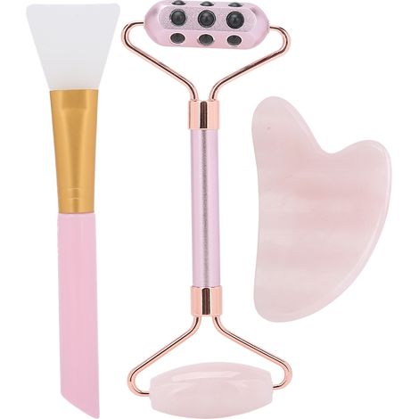 Kit de massage visage : rouleau facial, pierre Gua Sha, pinceau masque, outils beauté (Rose) (1/5)