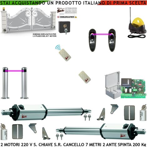 Cancello Automatico da 7 Metri 2 Ante da 3,5 Metri Kit Automatismo 2 Motori Elettromeccanici 230 V Stelo Retrattile Sblocco Corsa 600 mm 250 Kg Centrale Paline Fotocellule Radiocomandi Faro Selettore (1/4)