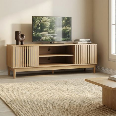 Meuble TV haut 140 cm style vintage adapté téléviseur 55/65 pouces. Centre de divertissement avec rangement pour salon et chambre,chêne. (1/5)