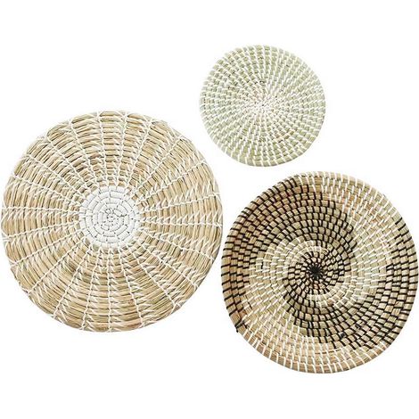 Ensemble de 3 paniers muraux décoratifs en osier tressé naturel, paniers plats suspendus en jonc de mer, ornement bohème, panier rond pour décoration murale (1/5)