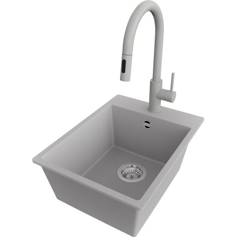 PRIMAGRAN Evier Cuisine en Granit 38x50cm,Lavabo 1 bac + Robinet 40x20cm + Kit de Vidage, Évier à Encastrer au meuble 40cm - Riga, Gris (1/5)