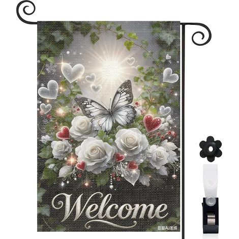Drapeau de jardin bienvenue 30 x 45 cm motif papillon et fleurs style campagne toile double face pour extérieur (1/5)