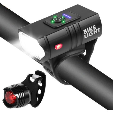 Feux de vélo rechargeables USB avec indicateur de batterie, 6 modes d'éclairage, étanches, phare et feu arrière pour cyclisme, noir. (1/5)