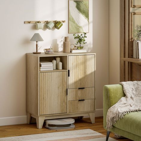 Buffet salon. meuble de rangement. 2 portes. 2 tiroirs. étagère réglable. compartiment ouvert. 80x40x90cm. bois naturel