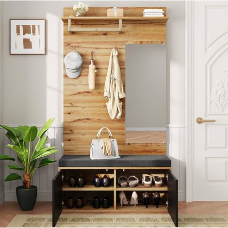 MEUBLIV Vestiaire d’entrée 100x38x190 cm noir et bois – miroir, assise et rangement (1/5)