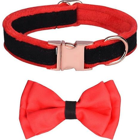 Prinz Katzenanhänger-Halsband, Hundehalsband mit Blumenfliege und funkelndem Kristall, rot und schwarz, Größe L.