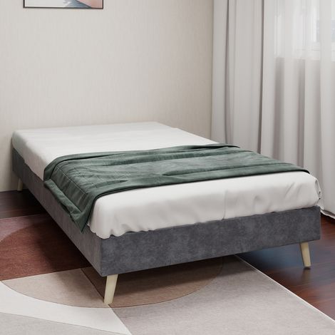 Cadre de lit minimaliste moderne, 90x200 cm, gris, en tissu velours néerlandais, base basse, meuble de chambre au style moderne. Sans vérin à gaz, tête de lit ni matelas. (1/5)