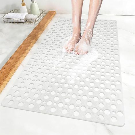Non-Slip Shower Mat, 60 x 90 cm Bath Mat with Suction Cups, Bath Mat with Drain Holes, Large Non-Slip TPE Mat, Quick Drying (White-A, 60 x 90 cm (Rectangular)) (1/5)