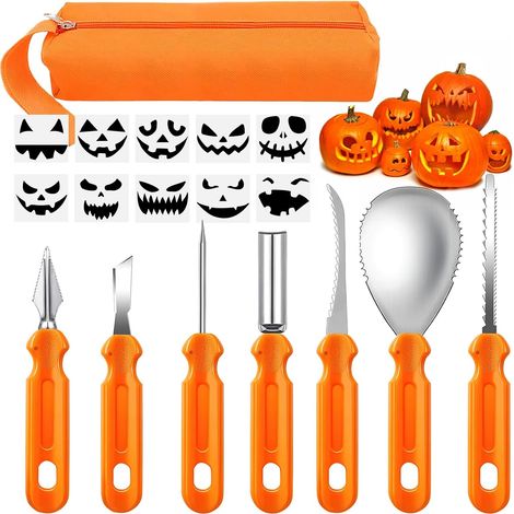 DOLASO Halloween-Kürbis-Schnitzset, 7-teiliges Kürbis-Schnitzwerkzeug mit 10 Gravurvorlagen, Kürbis-Schnitzset, DIY-Laternendekorationen (1/5)