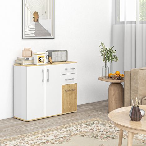 Buffet de cuisine avec 2 tiroirs, 2 placards et étagères réglables pour salle à manger, 90 x 30 x 75,5 cm, blanc et naturel (1/5)