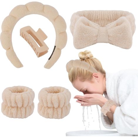 5-teiliges Set – Haarband-Stirnband-Set (mit Haarspange), Haarband für Gesichtspflege, Make-up, blondes Haarband, Armband-Kombination, trendig, feminin (1/5)
