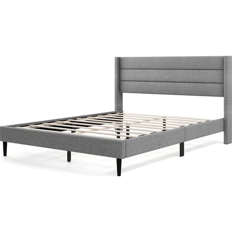 COSTWAY Double Bed Frame Linen Upholstered Platform Bed w/Headboard-Grey (1/5)