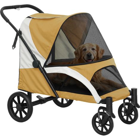 Poussette pour chien, poussette pliable pour grands chiens, poussette pour animaux de compagnie à 4 roues, laisses de sécurité, freins, marron