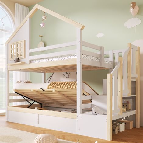 Litera 90 x 200 cm con almacenaje hidráulico, diseño de casa y ventana, blanco y natural HAVRYA (1/5)