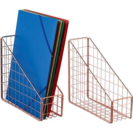 Range-revues, en lot de 2, A4, design grillagé, pour bureau & télétravail, en métal, HLP 23x9x25,5 cm, or rose (1/5)
