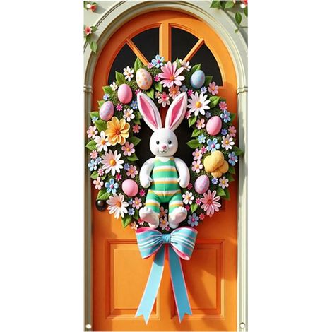 Guirlande De Porte De Pâques - Lapin Et Œufs - 180 x 90 cm - Pour Intérieur Et Extérieur - Avec Trous Prépercés Et Corde De Suspension - 1 Pièce (1/5)