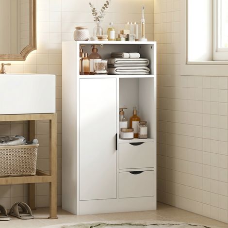 Meuble de salle de bain étroit avec tiroirs et étagères ouvertes, 50 x 25 x 100 cm, blanc (1/5)