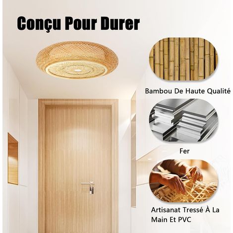 Plafonnier Bambou Rotin Led Dimmable,Luminaire Plafonnier Rétro Chapeau Bambou Suspension Rotin 50cm Tissage Salle de Bain E27,Pour Chambre Salon Couloir (1/5)
