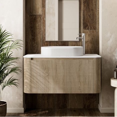 1000mm Fluted Countertop Bathroom Vanity Unit White Oval Basin Wall Hung Storage Oak Effect (1/5)