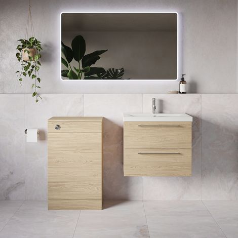 Napoli 390 Light Oak 1100mm Wall Mounted 2 Drawer Vanity Unit and Toilet Suite with Glide Basin - 1100mm - Chrome 320mm HandleWithout Kingston Toilet Pan