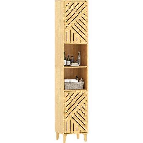 Badezimmerschrank, hohes Aufbewahrungsmöbel, Bambustüren, verstellbare Einlegeböden, 32 x 30 x 170 cm, Naturholz