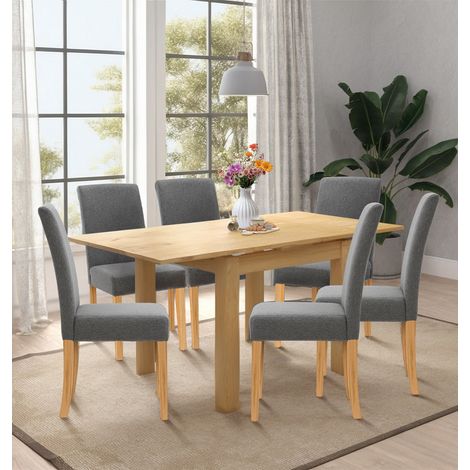 Hallowood Furniture Waverly Oak Extendable Dining Table and Chairs Set 6, Rectangular Small Kitchen Folding Table and Dining Room Chairs in Straight Back and Upholstered Grey Fabric for Home and Café (1/5)