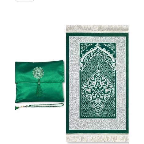 Tapis de priere Musulman (Sajadah), Tapis de prière Islamique, avec Perles de prière et élégante Boîte. (Verte, 70 110cm) (1/2)