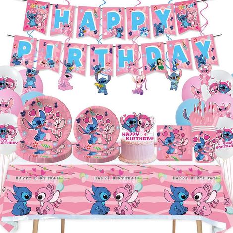 Kit Decoration Fete Thème Stitch - Assiettes Gobelets Couverts Nappe Bannière - Pour Anniversaire Enfant