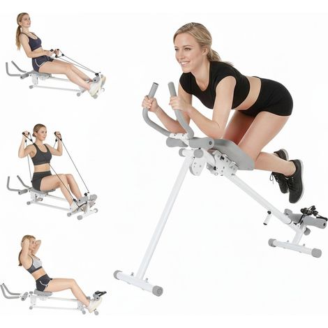 Bauch- & Core-Trainer mit Ruderfunktion, 3 Neigungsstufen und 7-fach verstellbarem Basisrahmen, Stabiler Stahlrahmen mit Komfortpolster, Ergonomische Griffe und 2-fach Kopfstützenverstellung – Grau