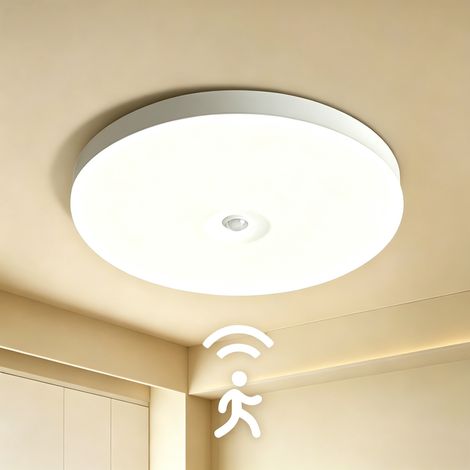 FIG-Plafonnier LED 24 W avec détecteur de présence - Panneau lumineux de 30 cm (IP44, 2700 lm, 6500 K) - Plafonnier à capteur automatique adapté aux couloirs, garages et salles de bains (1/5)