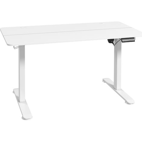 Elektrisch höhenverstellbarer Schreibtisch 140 x 70 cm weiß mit 4 Speicherfunktionen und Haken (1/4)